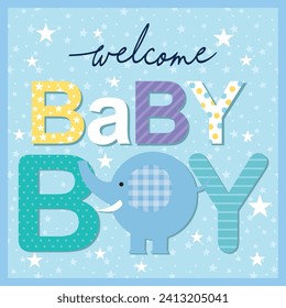 Baby shower card design with lettering and elephant