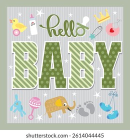 Baby shower card design with lettering and decorations