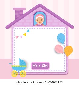 Baby Shower card design with little girl on cute house frame decorated with balloons for party