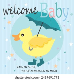 Baby shower card design with little duck and umbrella