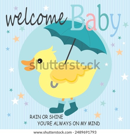 Baby shower card design with little duck and umbrella
