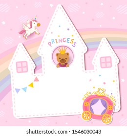 Baby shower card design with princess bear on castle frame and pink pastel background.