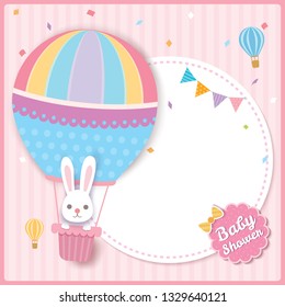 Baby shower card design with rabbit on balloon.