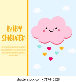 Baby shower card design template with cute pink cloud character. Invitation, party banner