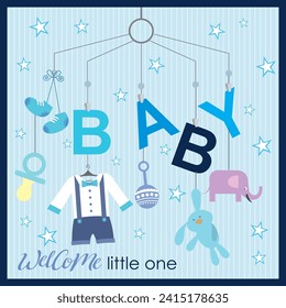 Baby shower card design with text and hanging baby's elements