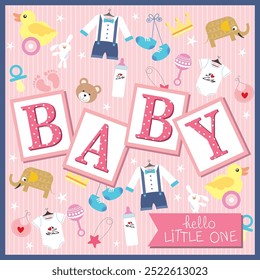 Baby shower card design with text and baby elements