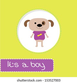 Baby shower card with dog.  It's a boy. Vector illustration.