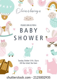 Baby Shower card with  elements, elephant, toy,  milk, baby,  bottle, sock, star. Vector illustration