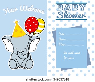 baby shower card. Elephant with balloons and party hat