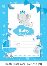 baby shower card with elephant and icons vector illustration design