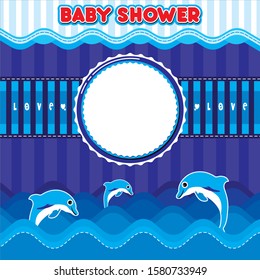 Baby Shower card with Flat Wave Background and cute Dolphin. Vector illustration