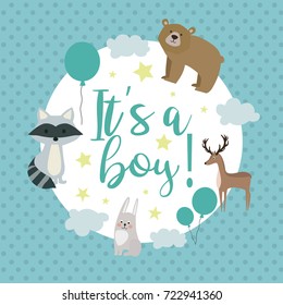 Baby Shower card with forest animals. Cute greeting or invitation card. Vector illustration