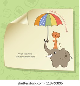 baby shower card with funny elephant and little cat under umbrella