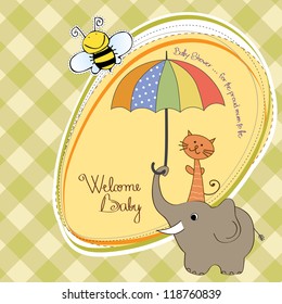 baby shower card with funny elephant and little cat under umbrella