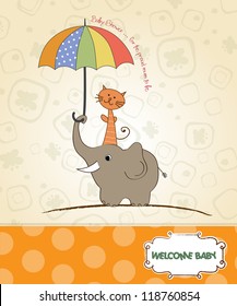 baby shower card with funny elephant and little cat under umbrella