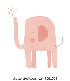 Baby Shower Card. Funny Hand Drawn Baby Elephant With A Foutain Of Hearts. Pink Elephant On a White Background.  Kids' Room Decoration. Vector Illustration Of Cute Happy Elephant And Hearts. RGB.