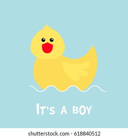 Baby shower card with funny yellow duck bird toy. Its a boy. Cute cartoon character. Sea ocean wave. Blue background. Flat design. Vector illustration
