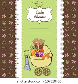 baby shower card with gift boxes in the pram