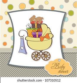 baby shower card with gift boxes in the pram