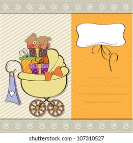 baby shower card with gift boxes in the pram