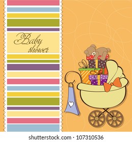 baby shower card with gift boxes in the pram