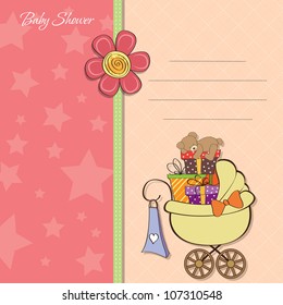 baby shower card with gift boxes in the pram