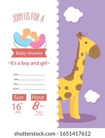baby shower card with giraffe and icons vector illustration design