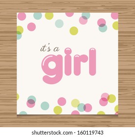 Baby shower card, baby girl, balloons type font vector design