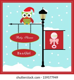 baby shower card, for baby girl, banner pole and snowy background with rattle.Vector eps10, illustration.