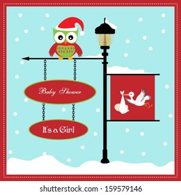 baby shower card, for baby girl, banner pole and snowy background with stork.Vector eps10, illustration.