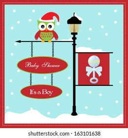 baby shower card, for baby girl, banner pole and snowy background with rattle .Vector eps10, illustration. 