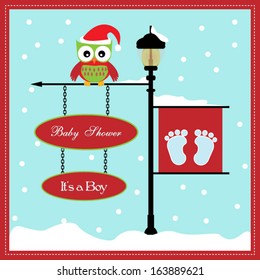 baby shower card, for baby girl, banner pole and snowy background with footprint.Vector eps10, illustration.