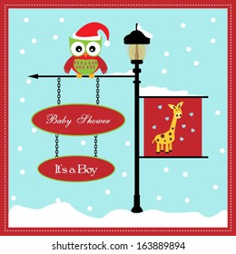 baby shower card, for baby girl, banner pole and snowy background with giraffe.Vector eps10, illustration.