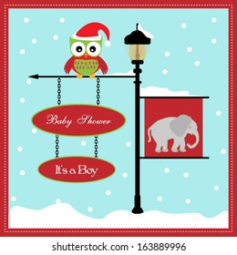 baby shower card, for baby girl, banner pole and snowy background with elephant.Vector eps10, illustration. 