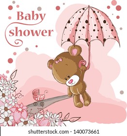 Baby shower card - Baby girl bear and umbrella