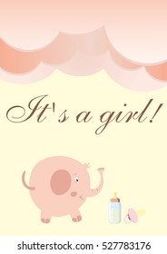 Baby shower card, girl birth. Cute baby card on birthday or shower. postcard on the occasion of a birth   girl in pink colors