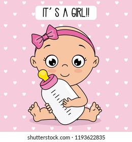 baby shower card. Baby girl with bottle