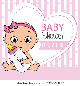 baby shower card. Baby girl with bottle