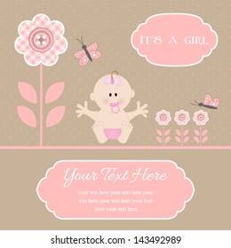 baby shower card for baby girl, button flowers with newborn baby.Vector eps10 , illustration.