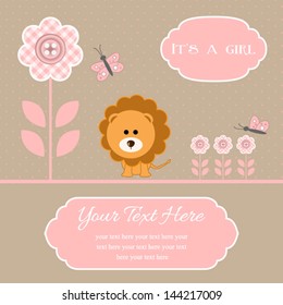 baby shower card for baby girl, button flowers with lion.Vector eps10 , illustration.