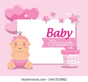 baby shower card with baby girl and decoration vector illustration design