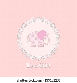 baby shower card for baby girl, with elephant and lace frame.Vector eps10 , illustration.