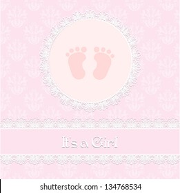 baby shower card, for baby girl, with footprint and light pink damask background.Vector eps10, illustration.