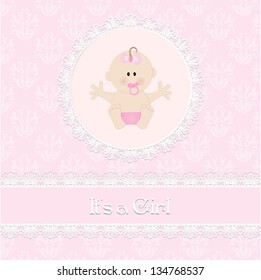 baby shower card, for baby girl, with newborn baby and light pink damask background.Vector eps10, illustration.
