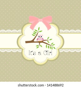 baby shower card for baby girl, with owl.Vector eps10 , illustration. 