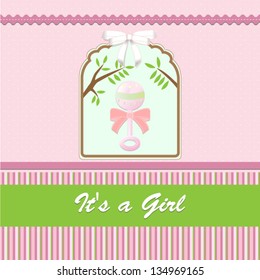 baby shower card, for baby girl, with rattle and pink-green background.Vector eps10, illustration.