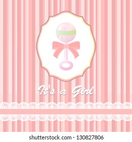 baby shower card for baby girl, with rattle.Vector eps10 , illustration.