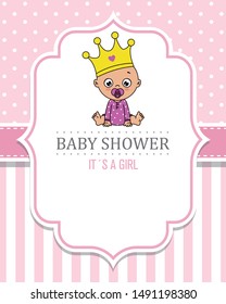 baby shower card. baby girl sitting with a crown