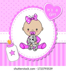 Baby shower card. Baby girl with teddy bear