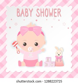 Baby shower card, baby girl and toy. Greeting card paper art style illustration